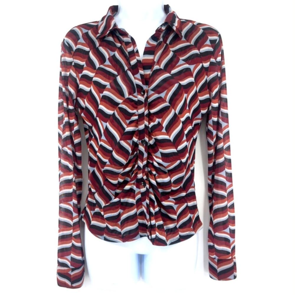 Y2K Retro Button Front Womens Top Sz M Sheer Indie Groovy 70s Mesh Ruching Wavy